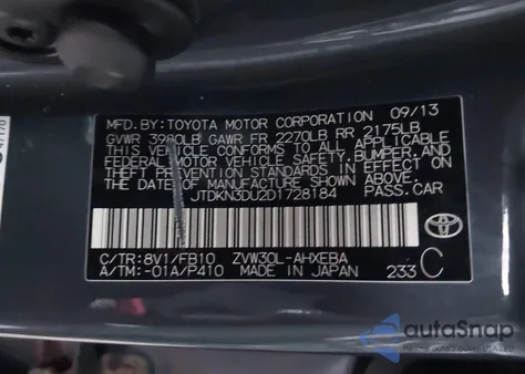 2013 Toyota Prius Three z USA, uszkodzony, nr VIN JTDKN3DU2D1728184